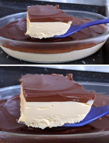 This no-bake layered dessert is rich, creamy, and full of tropical flavor with a smooth chocolate finish on top. It’s the kind of recipe that comes together quickly, chills beautifully in the fridge, and tastes like something you’d get from a bakery-style dessert table. The base is light and fruity with a sweet passion fruit flavor, while the topping is a glossy chocolate ganache that sets into a soft, rich layer. Together, they create a simple but impressive dessert that works for family gatherings, parties, or whenever you want something sweet without baking. Why This Dessert Works So Well This recipe is all about contrast. The creamy fruit layer is smooth, slightly tangy, and sweet, while the chocolate ganache adds richness and depth on top. Because everything is blended and chilled instead of baked, the process is very beginner-friendly. You don’t need special skills or equipment, just a blender, a bowl, and a fridge. It’s also flexible. You can switch the flavor powder, adjust sweetness, or even play with different chocolate types depending on what you like. Ingredients You’ll Need For the Cream Layer Milk cream (3 cans) Creates a rich and smooth base for the dessert. Sweetened condensed milk (2 cans) Adds sweetness and helps thicken the mixture into a pudding-like texture. Passion fruit juice powder (2 packets) Gives the dessert its fruity flavor and slight tang. You can also use other flavor powders if preferred. For the Chocolate Ganache Milk cream (1 box) Helps create a smooth, silky ganache. Dark chocolate (200g, chopped) The main flavor for the topping. It melts into a rich, glossy layer. Optional chocolate chips Can be used for extra texture or stronger chocolate flavor. How to Make the Cream Layer Add the milk cream, sweetened condensed milk, and passion fruit juice powder into a blender. Blend everything together for about 5 minutes until the mixture becomes completely smooth, thick, and creamy. Once ready, pour the mixture into a glass baking dish and spread it evenly to form the base layer. How to Make the Chocolate Ganache Place the chopped dark chocolate in a heat-safe bowl. Melt it using either a microwave in short 30-second intervals or a double boiler, stirring between each round until smooth. Once melted, add the milk cream and mix until you get a glossy, silky ganache with no lumps. How to Assemble the Dessert Pour the chocolate ganache over the chilled cream layer. Spread it evenly so it fully covers the surface. Place the dish in the refrigerator and let it chill for at least 1 hour until firm and set. Serving Tips Serve the dessert cold straight from the fridge for the best texture. You can slice it into squares or spoon it into bowls depending on your preference. For extra presentation, you can top it with chocolate shavings or a light drizzle of melted chocolate. Helpful Tips for Best Results Blend the cream layer long enough so it becomes completely smooth with no graininess. Let the ganache cool slightly before pouring so it spreads easily without melting the base layer. Use a glass dish so you can see the beautiful layers when serving. Chilling time is important. The dessert firms up properly only after resting in the fridge. Storage Keep the dessert covered in the refrigerator for up to 3–4 days. Dessert is foolproof perfect for the weekend