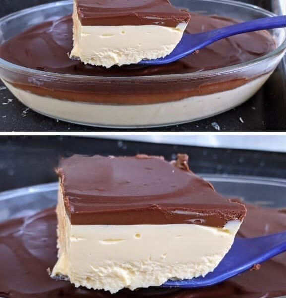 This no-bake layered dessert is rich, creamy, and full of tropical flavor with a smooth chocolate finish on top. It’s the kind of recipe that comes together quickly, chills beautifully in the fridge, and tastes like something you’d get from a bakery-style dessert table. The base is light and fruity with a sweet passion fruit flavor, while the topping is a glossy chocolate ganache that sets into a soft, rich layer. Together, they create a simple but impressive dessert that works for family gatherings, parties, or whenever you want something sweet without baking. Why This Dessert Works So Well This recipe is all about contrast. The creamy fruit layer is smooth, slightly tangy, and sweet, while the chocolate ganache adds richness and depth on top. Because everything is blended and chilled instead of baked, the process is very beginner-friendly. You don’t need special skills or equipment, just a blender, a bowl, and a fridge. It’s also flexible. You can switch the flavor powder, adjust sweetness, or even play with different chocolate types depending on what you like. Ingredients You’ll Need For the Cream Layer Milk cream (3 cans) Creates a rich and smooth base for the dessert. Sweetened condensed milk (2 cans) Adds sweetness and helps thicken the mixture into a pudding-like texture. Passion fruit juice powder (2 packets) Gives the dessert its fruity flavor and slight tang. You can also use other flavor powders if preferred. For the Chocolate Ganache Milk cream (1 box) Helps create a smooth, silky ganache. Dark chocolate (200g, chopped) The main flavor for the topping. It melts into a rich, glossy layer. Optional chocolate chips Can be used for extra texture or stronger chocolate flavor. How to Make the Cream Layer Add the milk cream, sweetened condensed milk, and passion fruit juice powder into a blender. Blend everything together for about 5 minutes until the mixture becomes completely smooth, thick, and creamy. Once ready, pour the mixture into a glass baking dish and spread it evenly to form the base layer. How to Make the Chocolate Ganache Place the chopped dark chocolate in a heat-safe bowl. Melt it using either a microwave in short 30-second intervals or a double boiler, stirring between each round until smooth. Once melted, add the milk cream and mix until you get a glossy, silky ganache with no lumps. How to Assemble the Dessert Pour the chocolate ganache over the chilled cream layer. Spread it evenly so it fully covers the surface. Place the dish in the refrigerator and let it chill for at least 1 hour until firm and set. Serving Tips Serve the dessert cold straight from the fridge for the best texture. You can slice it into squares or spoon it into bowls depending on your preference. For extra presentation, you can top it with chocolate shavings or a light drizzle of melted chocolate. Helpful Tips for Best Results Blend the cream layer long enough so it becomes completely smooth with no graininess. Let the ganache cool slightly before pouring so it spreads easily without melting the base layer. Use a glass dish so you can see the beautiful layers when serving. Chilling time is important. The dessert firms up properly only after resting in the fridge. Storage Keep the dessert covered in the refrigerator for up to 3–4 days. Dessert is foolproof perfect for the weekend